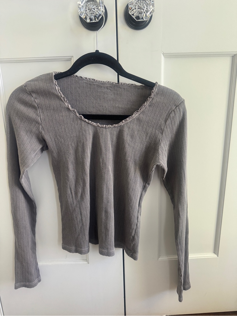 Brandy Melville Gray Ribbed Long Sleeve Scoop Top